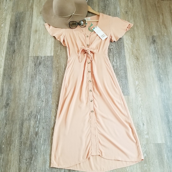 Mimi Chica Cut Out Tie Knot Maxi Dress Button Down Short Sleeve Boho Peasant NWT - Picture 3 of 9